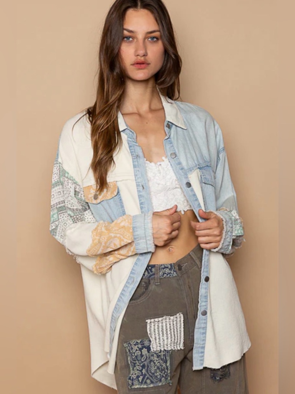 POL Patchwork Waffle Knit Chambray Button Front Shacket Overshirt M